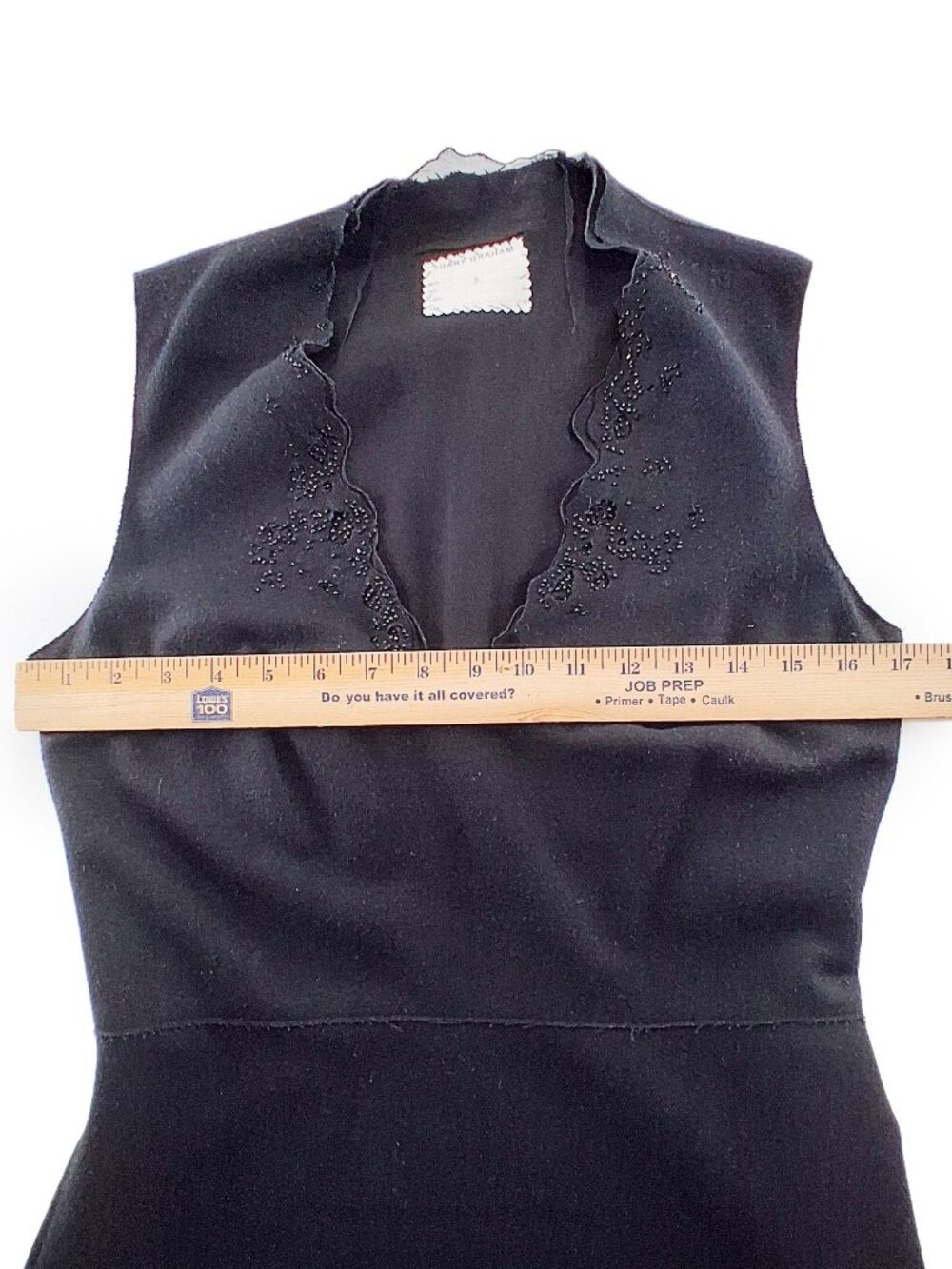 GARY GRAHAM Black Wool Beaded Cutout Dress Silk Inset Deep V Sleeveless SZ 8 - Picture 12 of 14